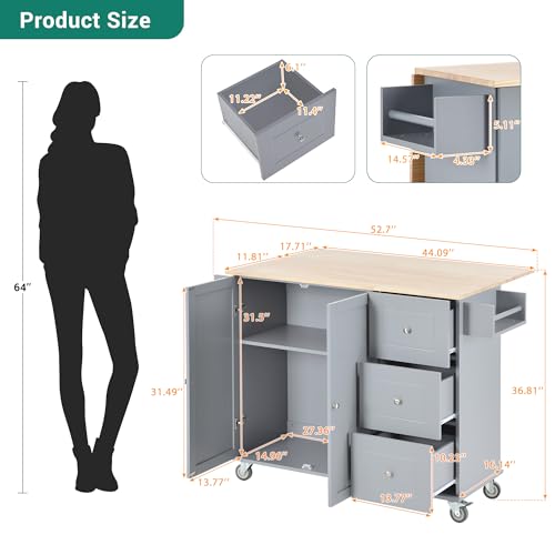 Kitchen Island on Wheels with Storage, Drop Leaf, 52.7 Inch, Grey Blue D265957