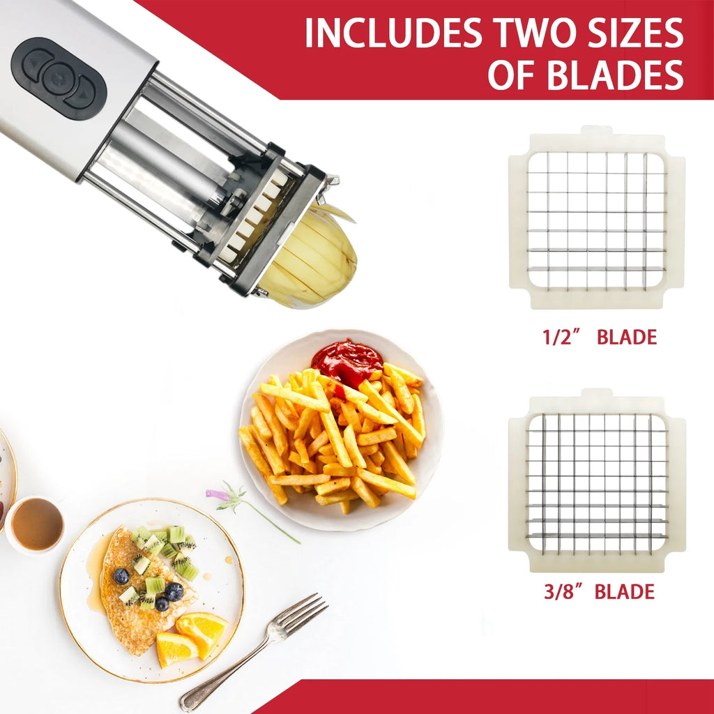 Electric French Fry Cutter, Stainless Steel Potato Slicer with 1/2-Inch & 3/8-Inch Blades O50562