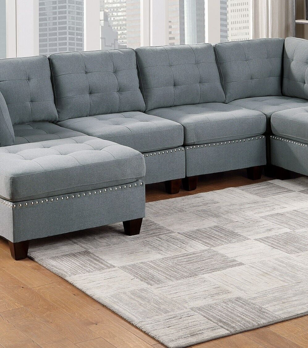 Gray Fabric Tufted 6pc U-Sectional Couch with Ottomans D12488