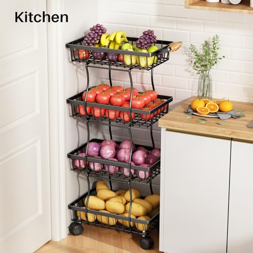 5-Tier Stackable Fruit and Vegetable Wire Basket with Wheels for Kitchen Storage, Black E91602