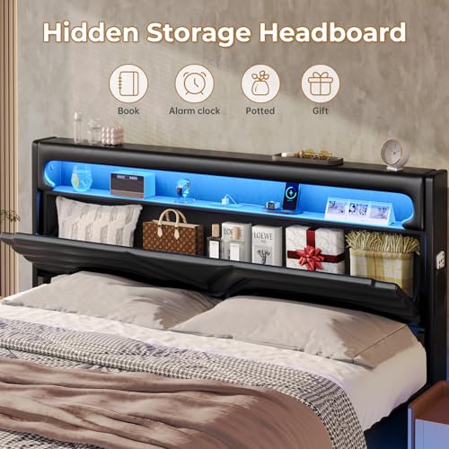 Floating Bed Frame with RGB LED Lights and USB Charging Ports, Linen Upholstered, Dark Gray I1369