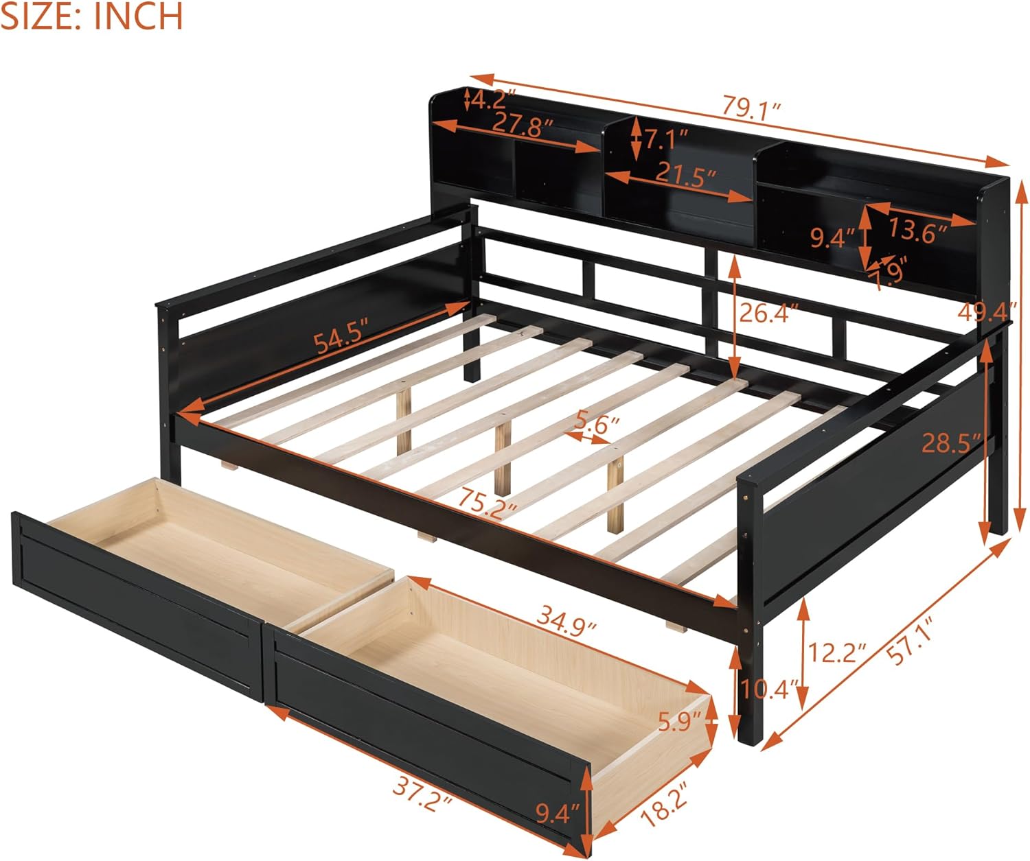 Wood Daybed with 2 Storage Drawers and Bedside Shelves O7841