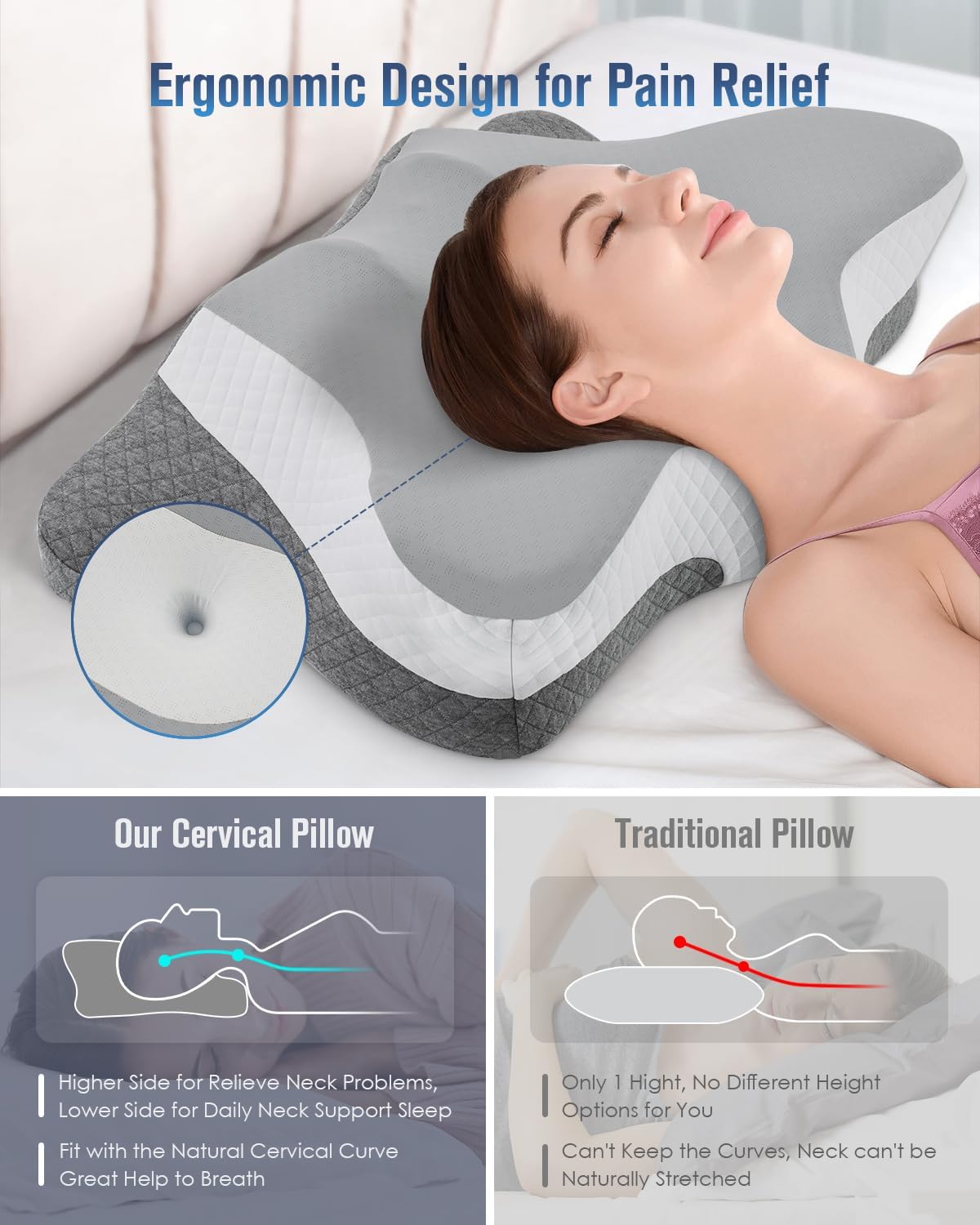 Cervical Neck Pillow for Sleeping, Ergonomic Memory Foam with Cooling Pillowcase J70258
