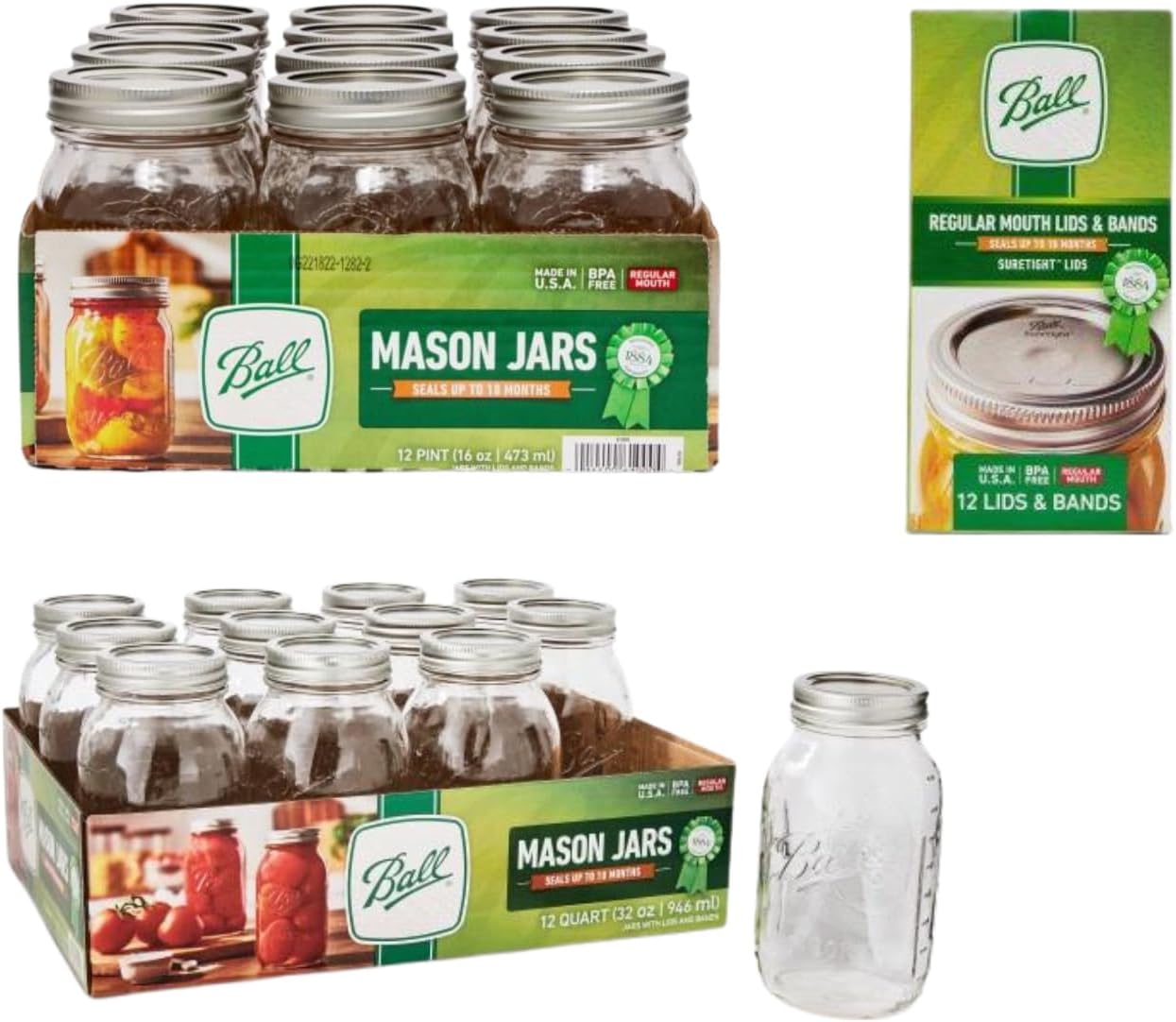 Ball Regular Mouth Glass Mason Jars with Lids and Bands, Used for Canning, Pickling, Juice, Jam, Jelly, 12 Pint Size 16 Ounce Jars + 12 Quart Size 32 Ounce Jars + 12 Lids/Bands