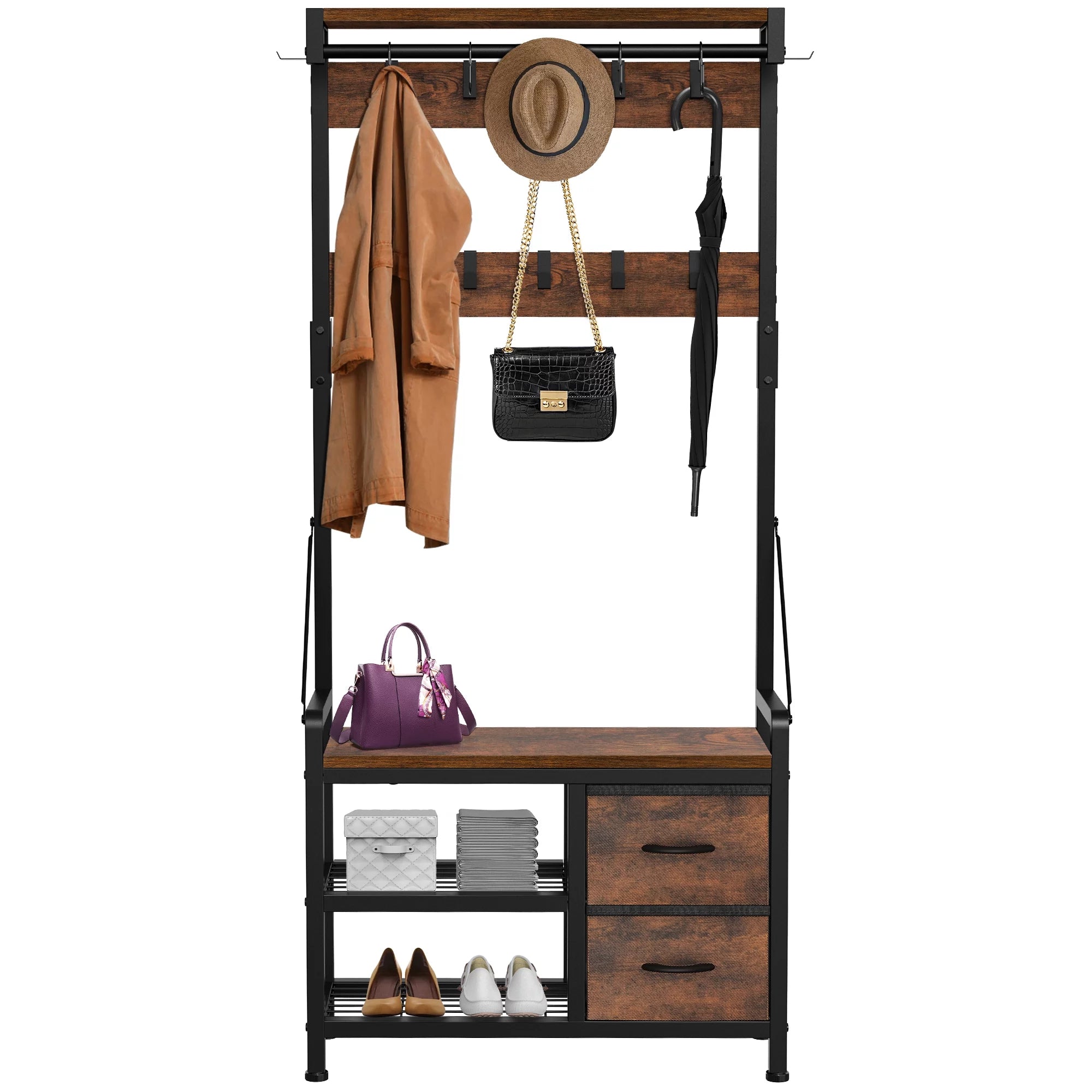 4-in-1 Entryway Hall Tree Coat Rack with Shoe Storage Bench, 17 Hooks, 2 Drawers, Rustic Brown Y1980