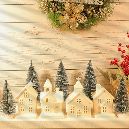 9 Pcs Christmas Village Figurines Set with Lighted Ceramic Houses and Trees O3990