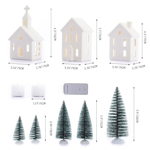 9 Pcs Christmas Village Figurines Set with Lighted Ceramic Houses and Trees O3990