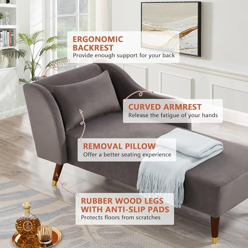 Velvet Chaise Lounge Chair with Pillow, Beige U5311