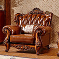 European-Style Leather Sofa, Solid Wood Carved High-end American-Style Sofa Villa Living Room Furniture Suitable for Villa Living Room with Pillows Stool