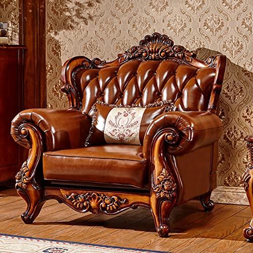 European-Style Leather Sofa, Solid Wood Carved High-end American-Style Sofa Villa Living Room Furniture Suitable for Villa Living Room with Pillows Stool
