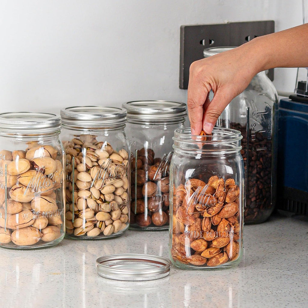 Wide Mouth Mason Jars 32 oz - 12 Pack with Airtight Lids and Bands Y1939