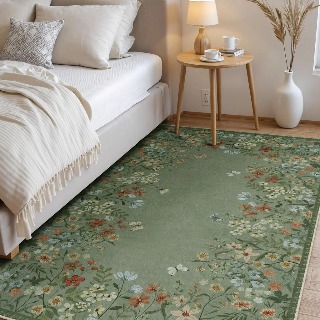 Washable Green Floral Area Rug 4x6, Non-Slip Low-Pile Indoor Carpet O8865