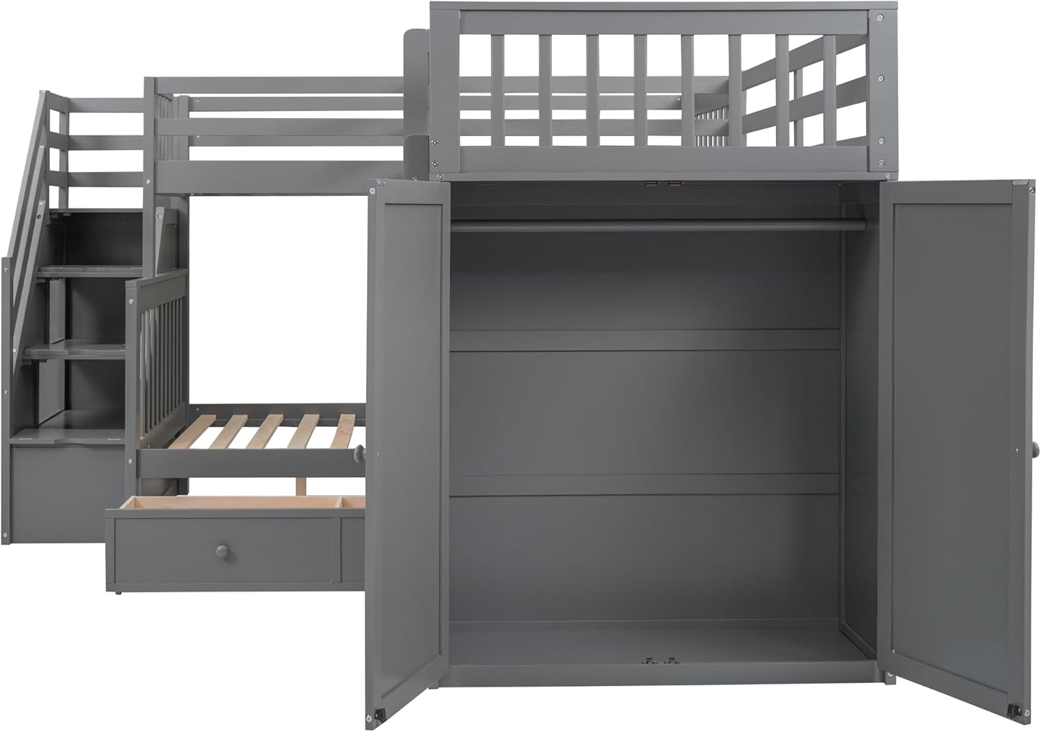 Triple Bunk Bed with Stairs, Storage, Desk and Wardrobe, Gray Z684334