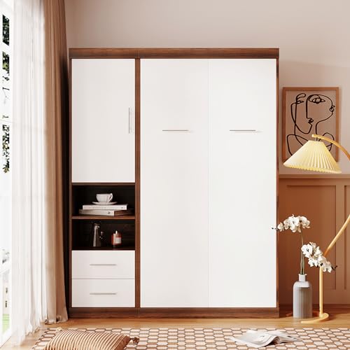 Murphy Bed Wall Bed Chest Versatility Bed, Queen Size Wood Murphy Bed Wall Bed Frame, Foldable Platform Bed Folded into Cabinet, Space Saving, Suitable for Guest bedrooms and Offices (White@Q*)
