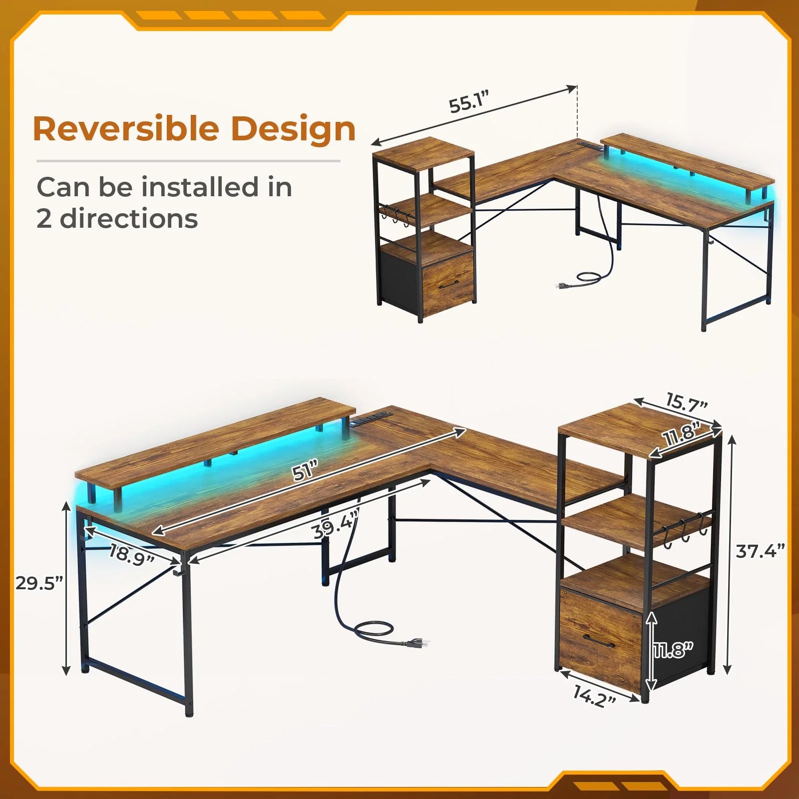 L Shaped Desk with Power Outlets and LED Lights, Rustic Brown C128