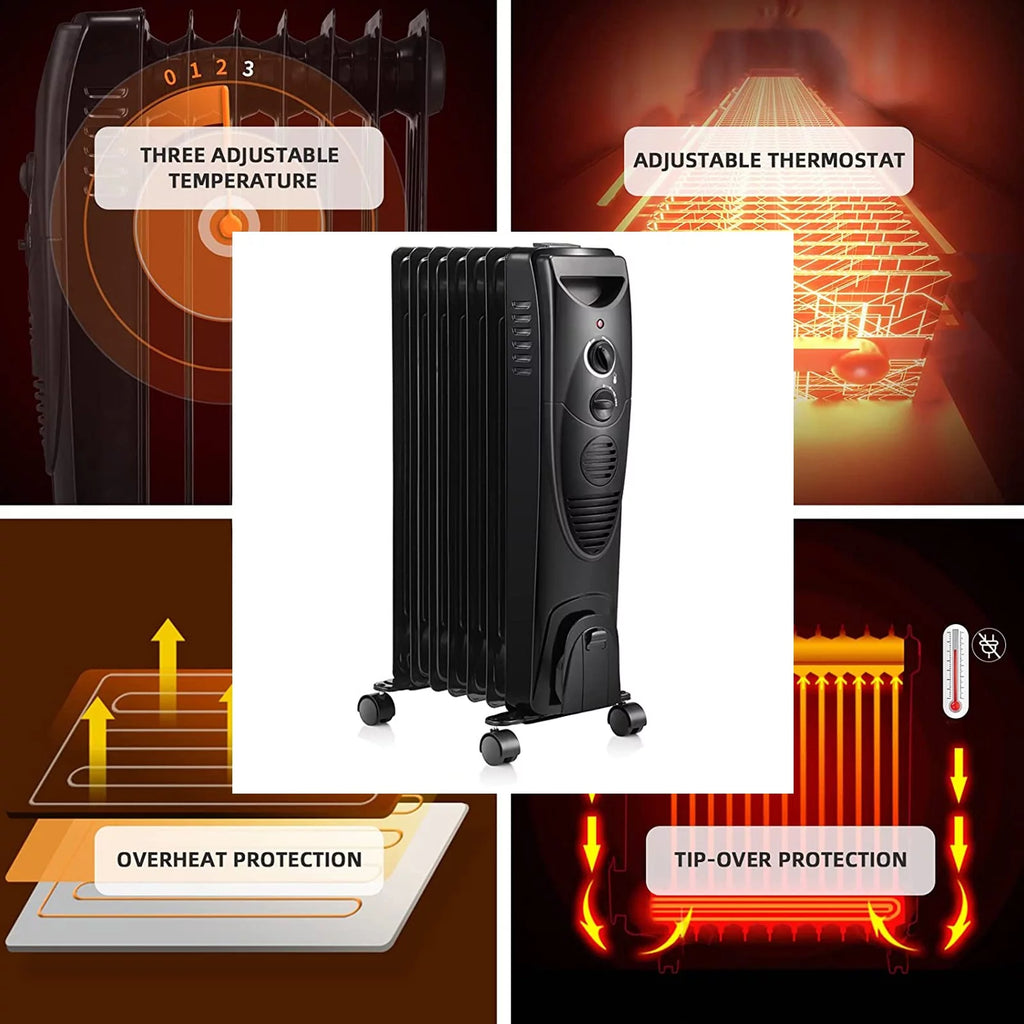 Oil Filled Radiator Heater, Portable Electric, 3 Heat Settings, Black H444601