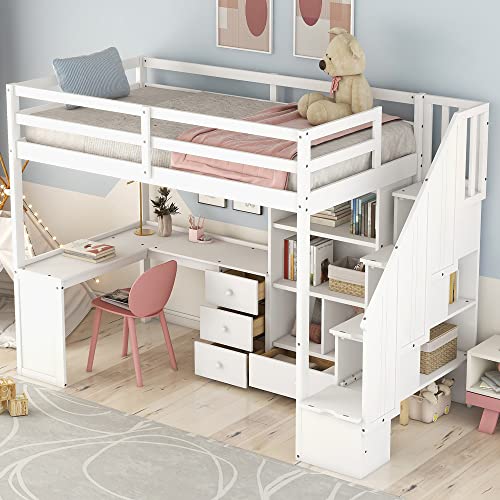 Twin Size Loft Bed with Storage Stairs and Wardrobes U8458