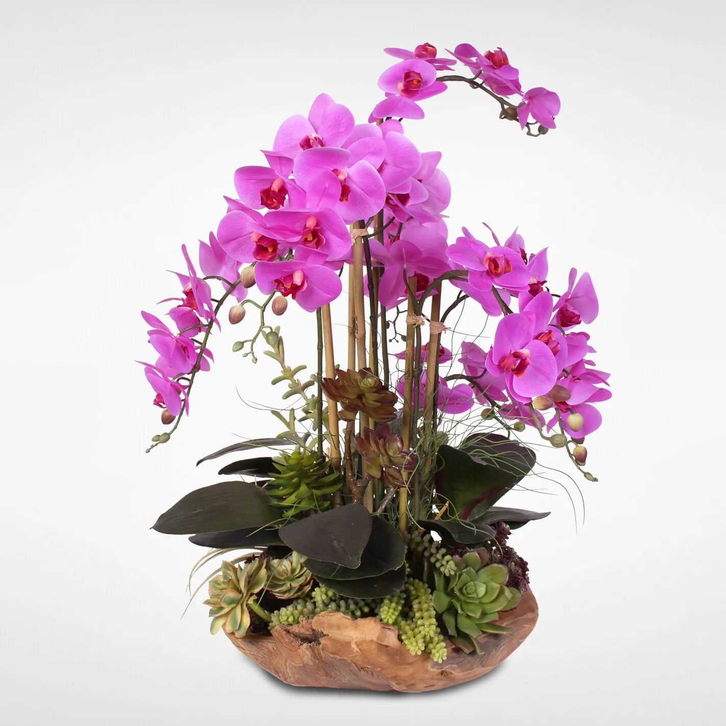 Silk Orchids with Succulents in Natural Wood Bowl Z4979