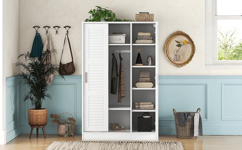 3-Door Mirror Wardrobe with 2 Drawers & Top Cabinets, Freestanding Closet with Hanging Rail & Shelves A228