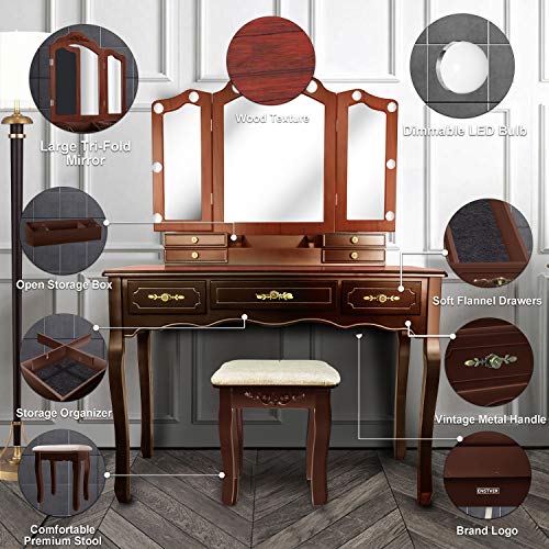 Vanity Beauty Station with Tri-Folding Mirrors, 7 Drawers and Cushioned Stool U884