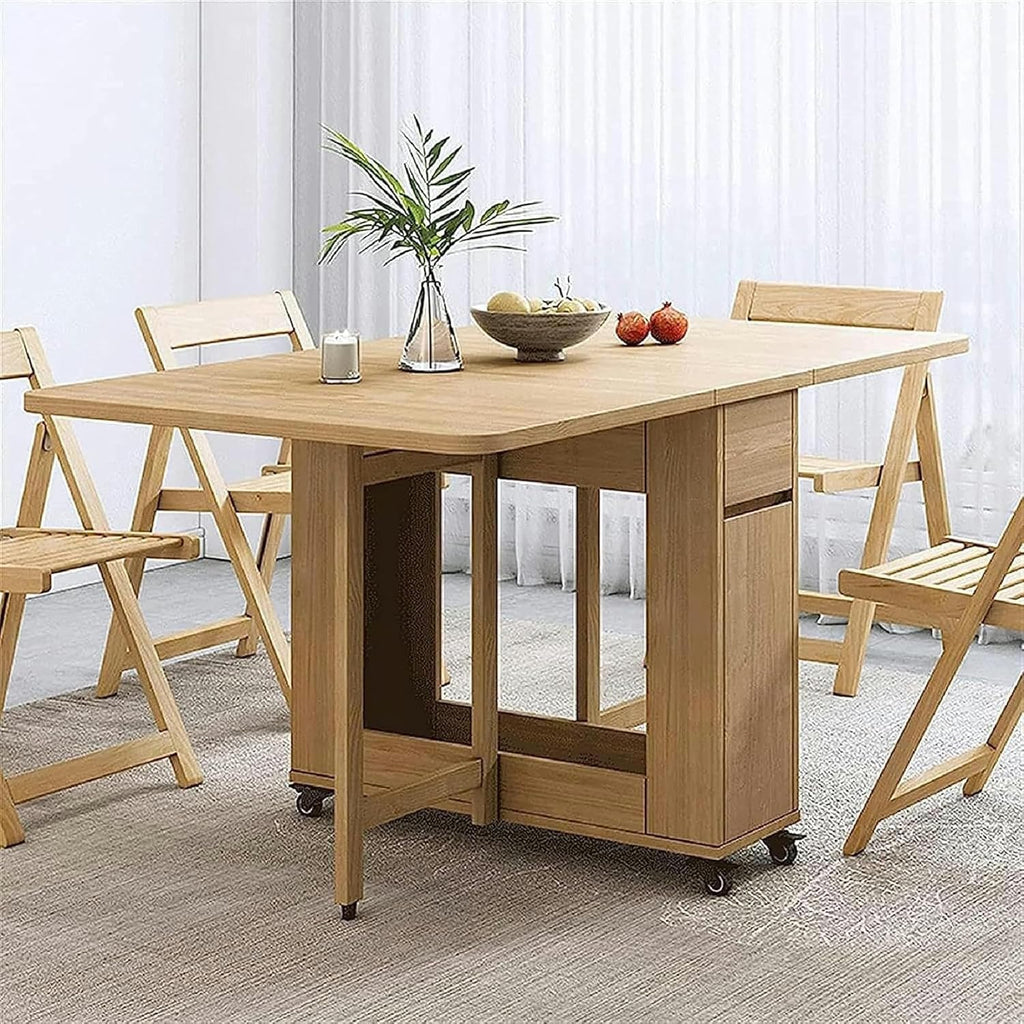 Wooden Extendable Dining Table Set with 4 Chairs, Drop Leaf, Wheels, 1 Drawer Q238