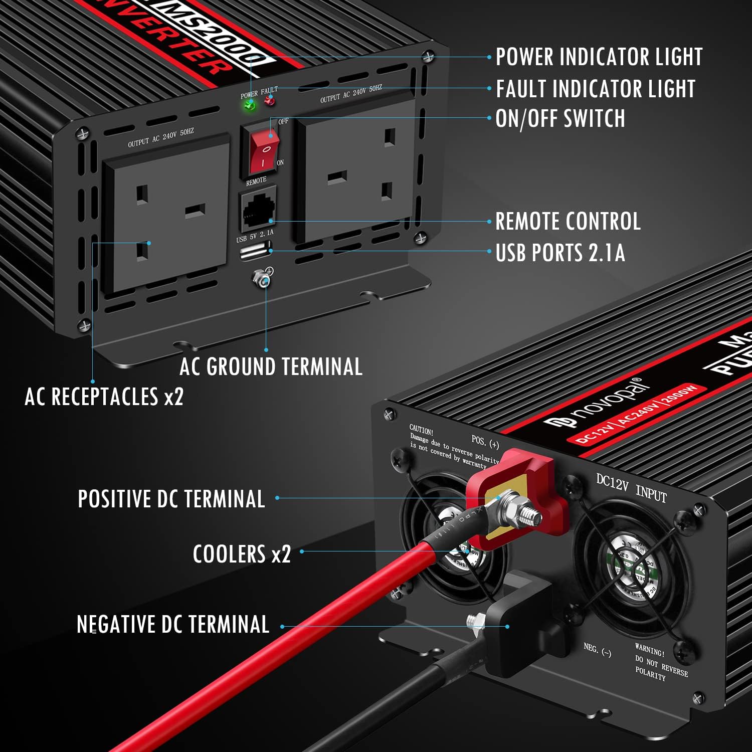 Power Inverter Pure Sine Wave 2000W 24V DC to 120V AC Car Converter with Remote Control B194
