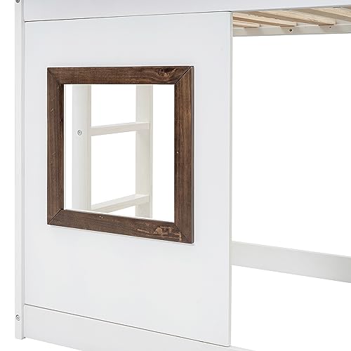 Twin-Over-Twin House Bunk Bed with Storage and Staircase, Gray+White V121339