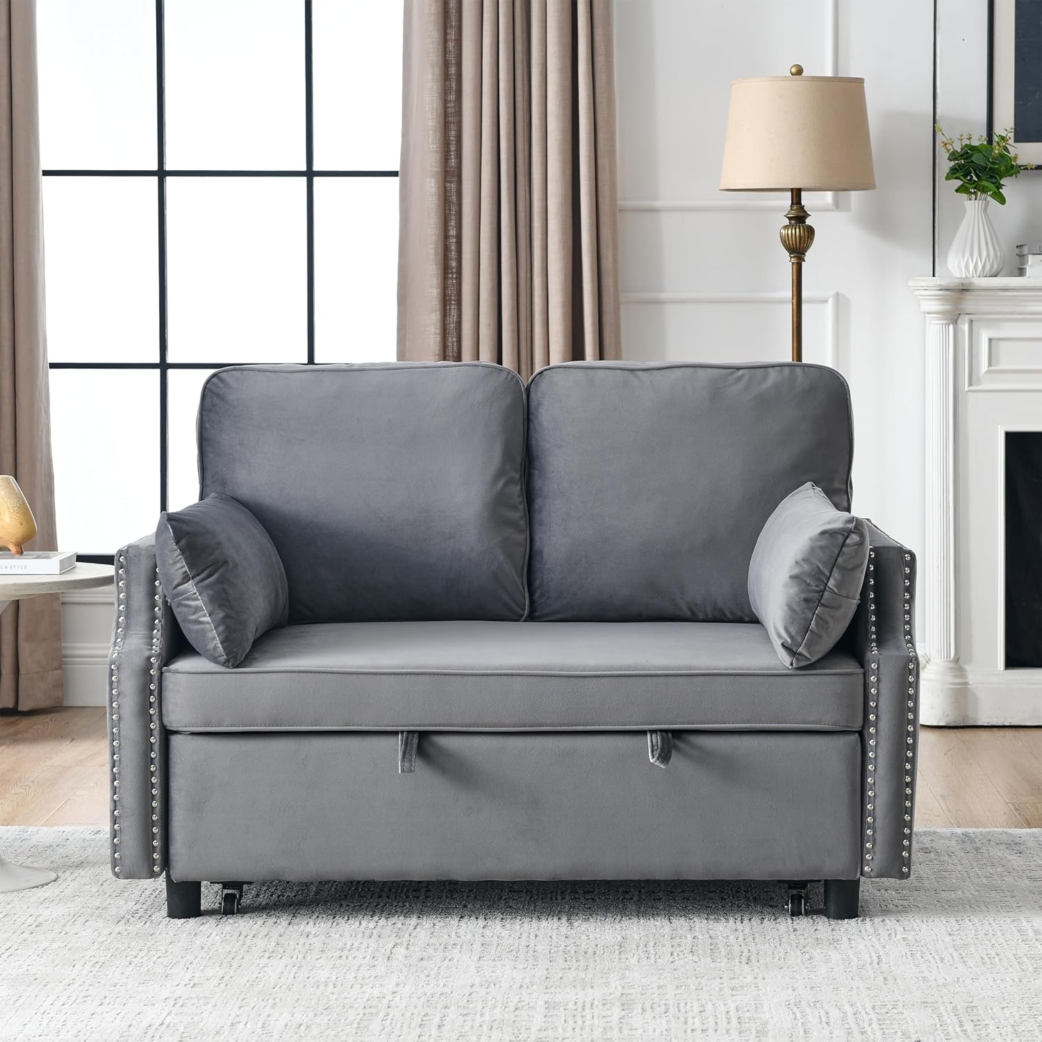 Grey Velvet Upholstered Recliner Bed with Pull-Out Sleeper Sofa Folding Loveseat Side Pockets for Living Room Abstract Lake House Modern Contemporary Solid Wood