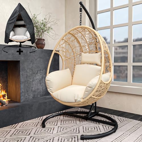 Egg Swing Chair with Stand up to 400lbs, Oversized Outdoor Hanging Egg Chair with Extra Large Round Base, All Weather Wicker, Rain Cover, Waterproof Cushion, UV Resistant