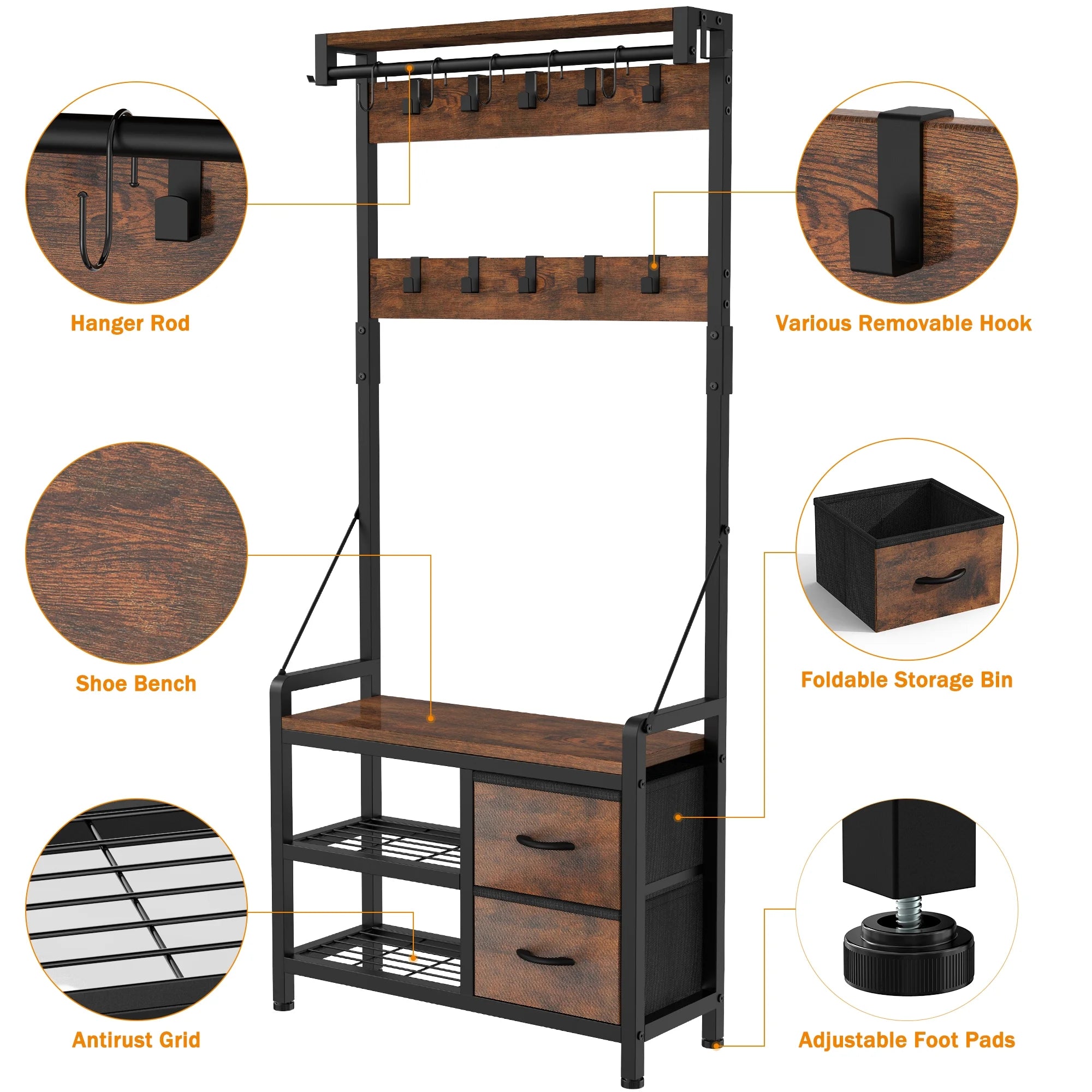 4-in-1 Entryway Hall Tree Coat Rack with Shoe Storage Bench, 17 Hooks, 2 Drawers, Rustic Brown Y1980