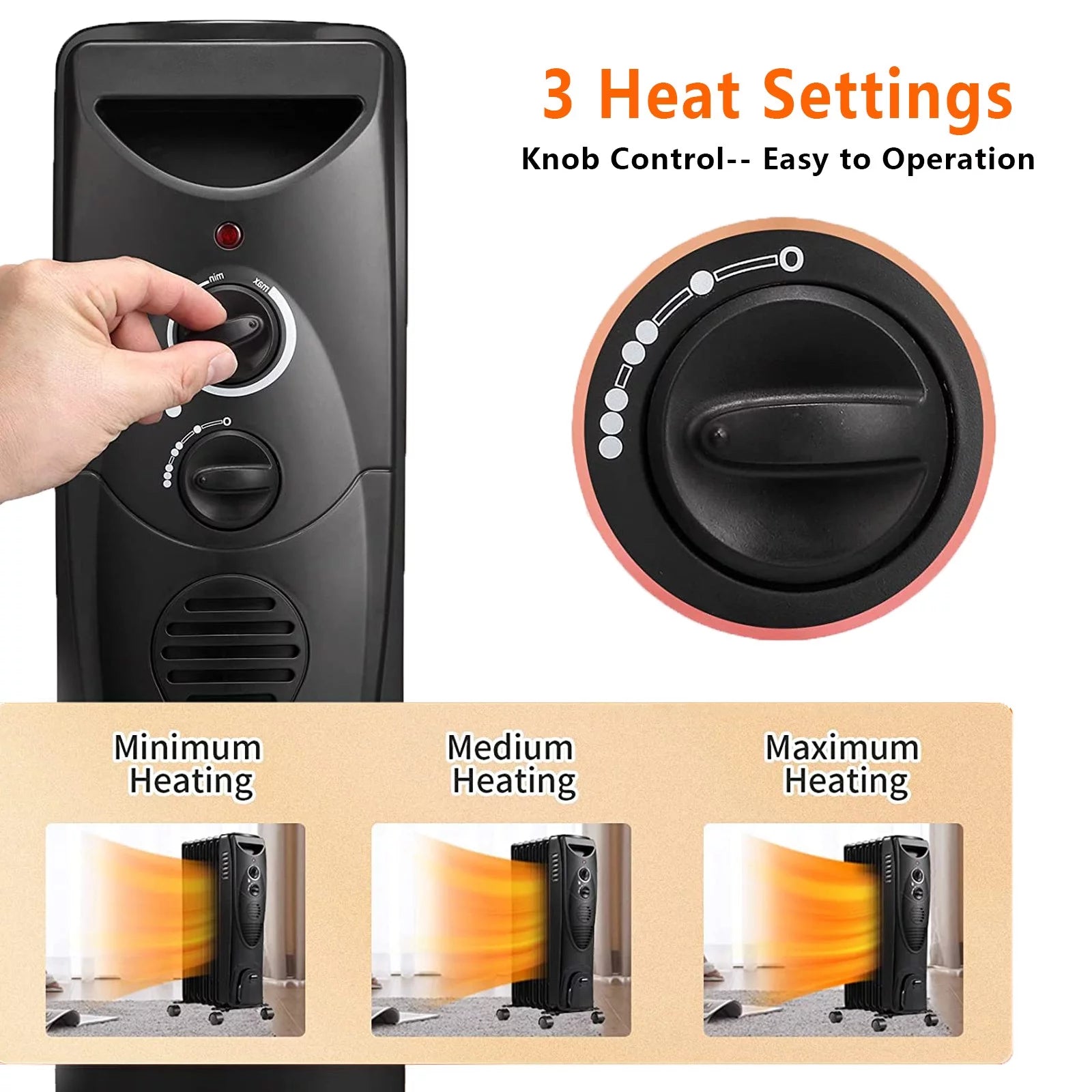 Oil Filled Radiator Heater, Portable Electric, 3 Heat Settings, Black H444601