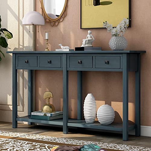 Merax Rustic Wood Sofa Table Console Table,Brushed Texture Entryway Table with 4 Storage Drawers and Bottom Shelf for Living Room,Hallway,Antique Navy