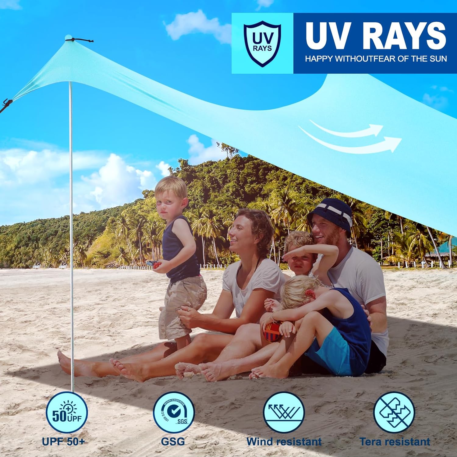 Beach Canopy Tent UPF50+ Windproof Portable Sunshade with Sandbags V80449