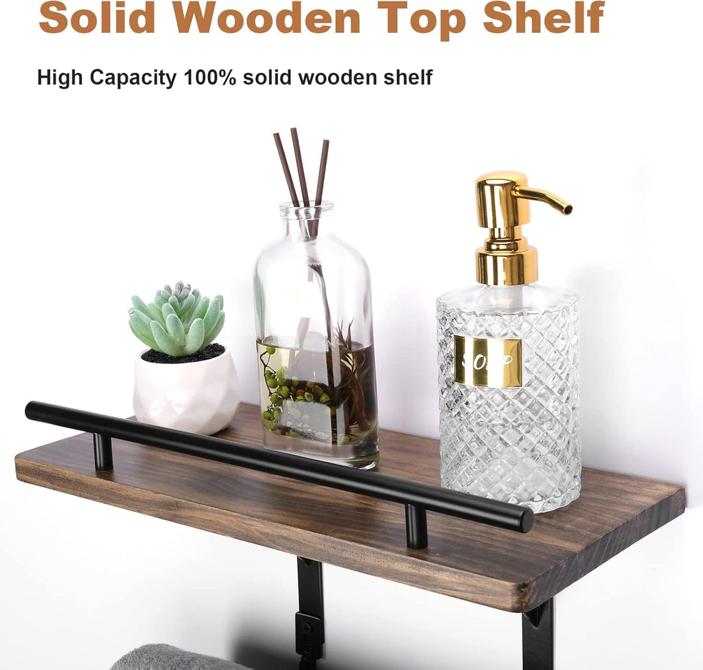 Wall Mounted Metal Towel Rack with Wooden Shelf and 3 Hooks P1472