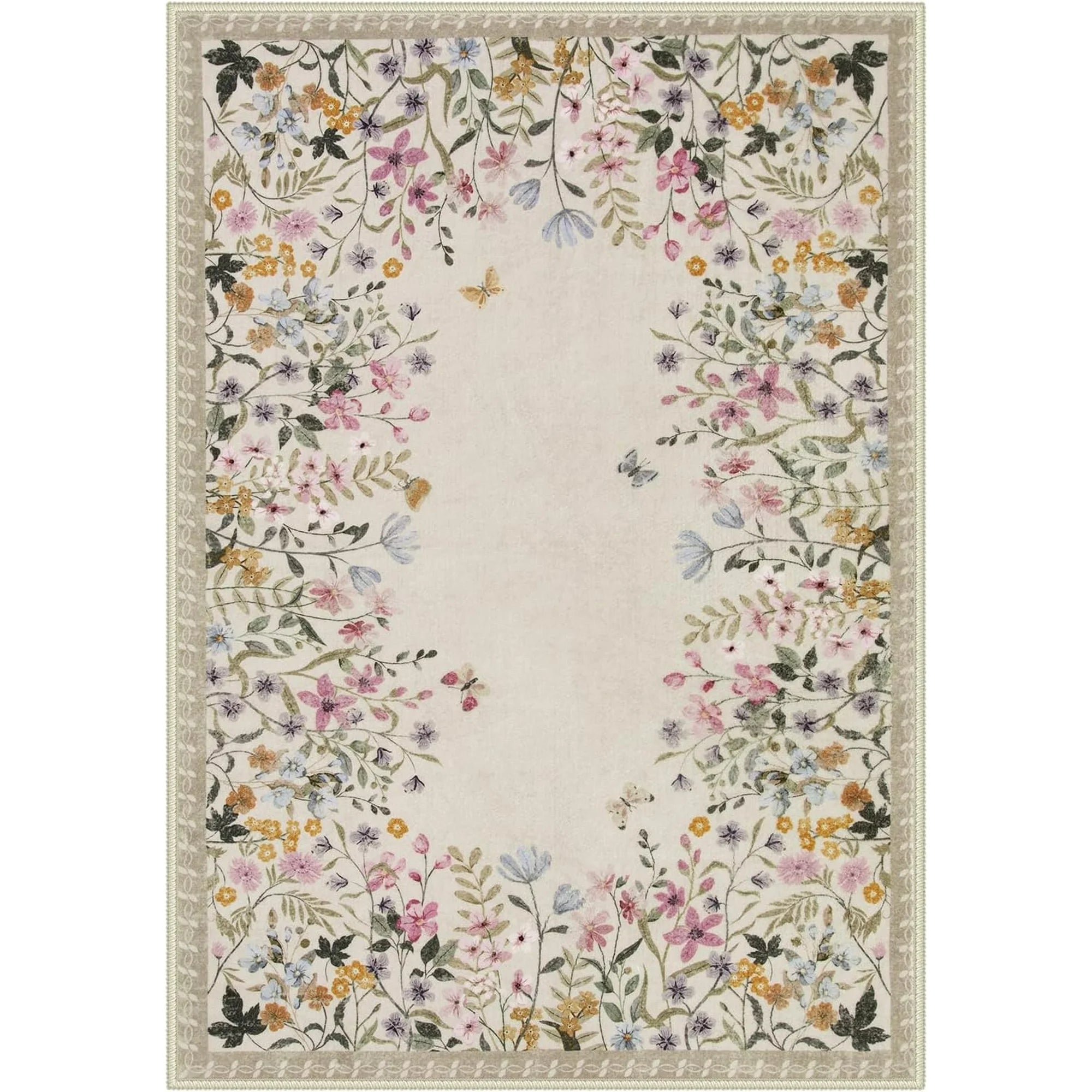 Washable Green Floral Area Rug 4x6, Non-Slip Low-Pile Indoor Carpet O8865
