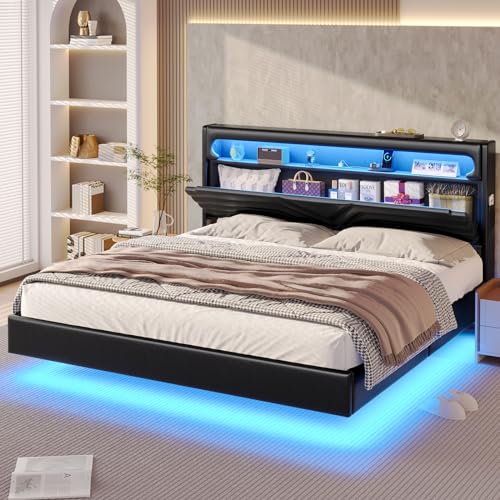 Queen Floating Bed Frame with RGB LED Lights Headboard, USB-C/A Power Combo, Linen Upholstered Platform Bed with Storage Headboard, Innovative Stable Structure, Dark Gray