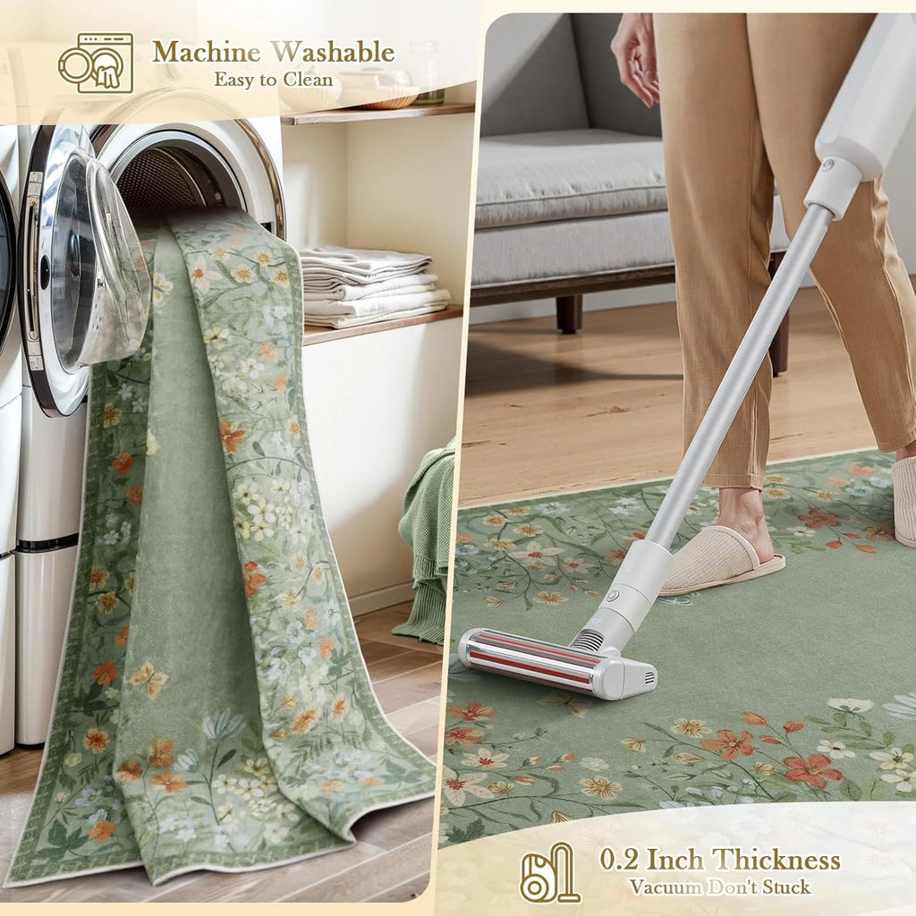 Washable Green Floral Area Rug 4x6, Non-Slip Low-Pile Indoor Carpet O8865
