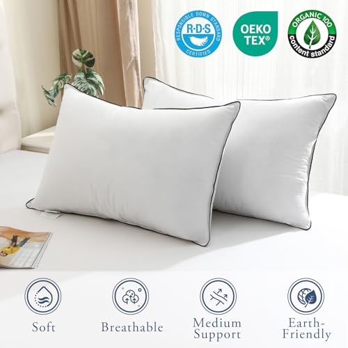 Medium Firm Goose Down King Size Pillows Set of 2, 1000TC Organic Cotton Cover J29553