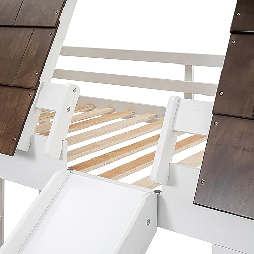 Twin-Over-Twin House Bunk Bed with Storage and Staircase, Gray+White V121339