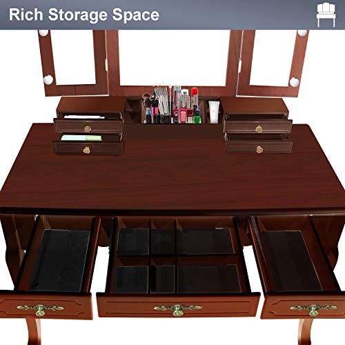 Vanity Beauty Station with Tri-Folding Mirrors, 7 Drawers and Cushioned Stool U884