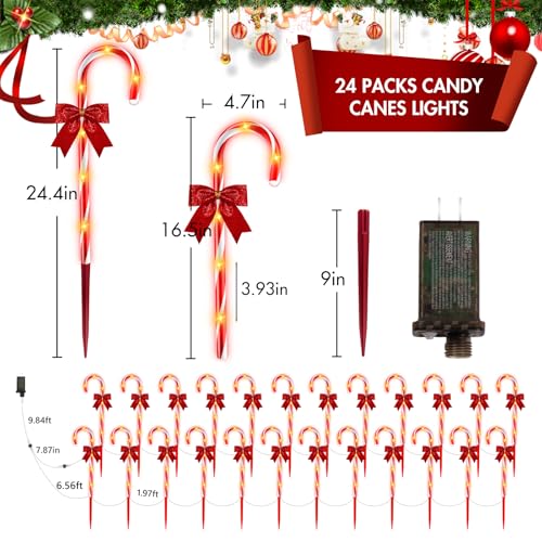 24 Pack Outdoor Christmas Candy Cane Lights 144LED Solar Pathway with Bowknot V1552