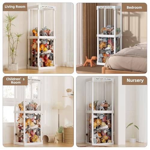 Wooden Stuffed Animal Storage Cage with Elastic Rope, 60 Inch, White U27216