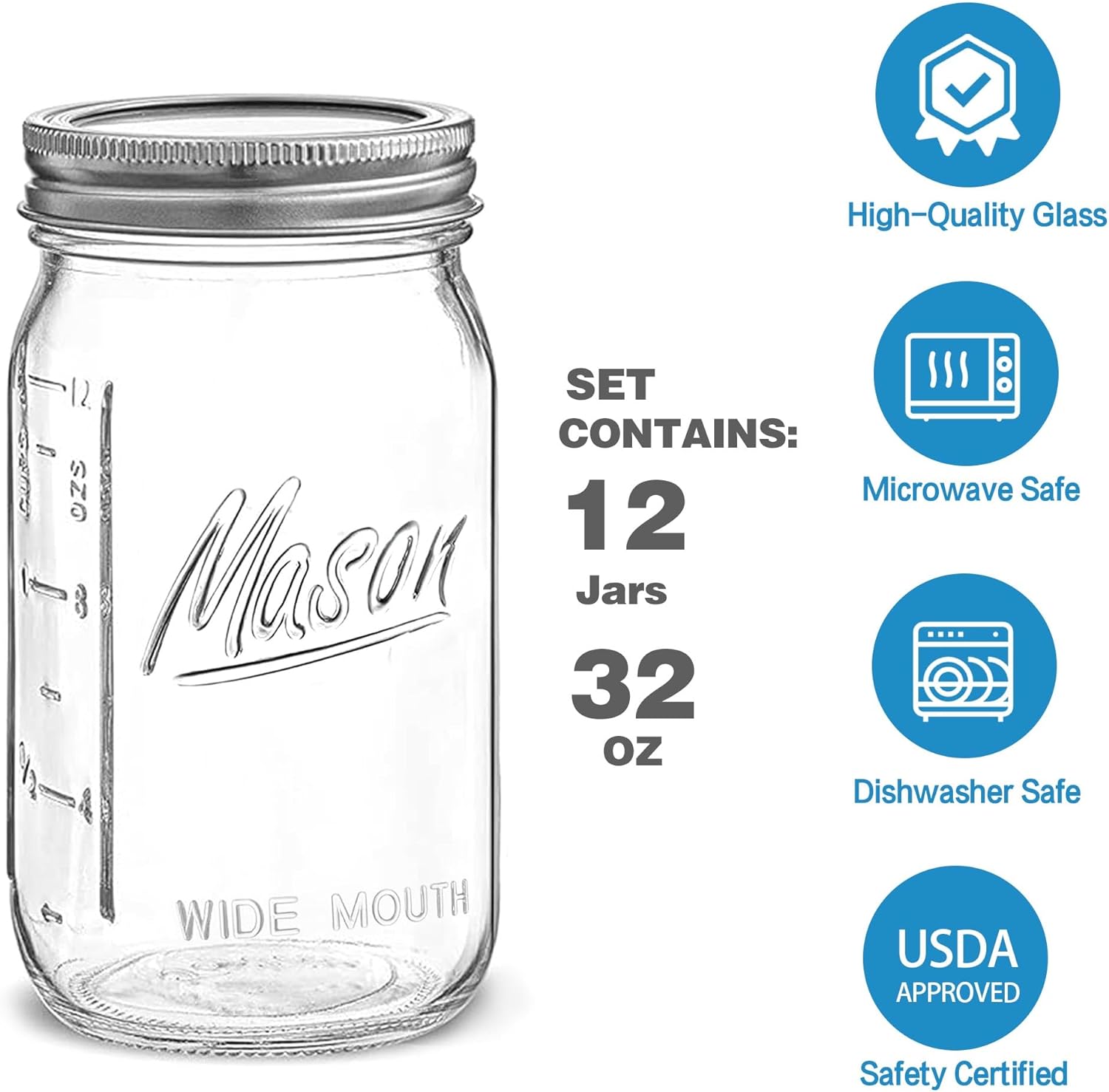 Wide Mouth Mason Jars 32 oz - 12 Pack with Airtight Lids and Bands Y1939