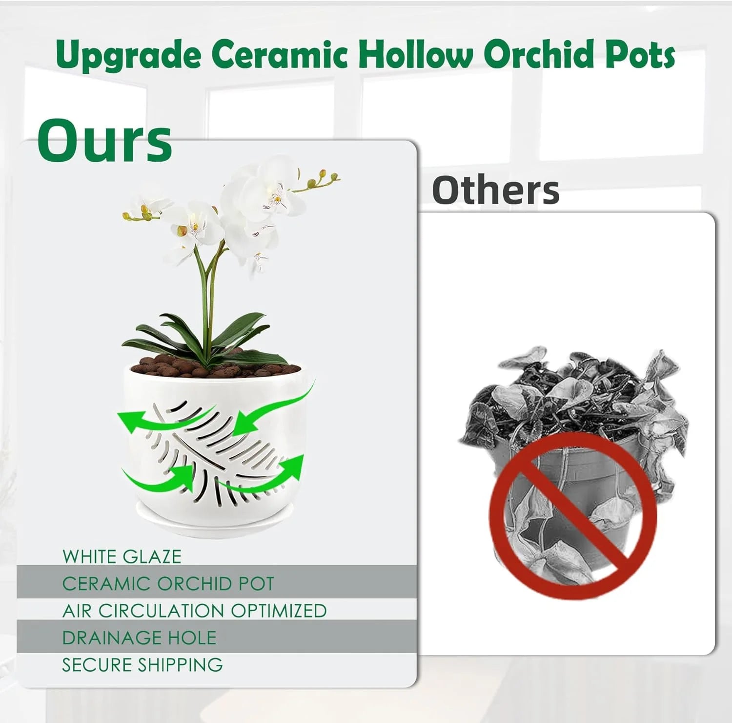 Ceramic Orchid Pots with Holes for Repotting, Indoor/Outdoor Planters, 2 Pack D646462