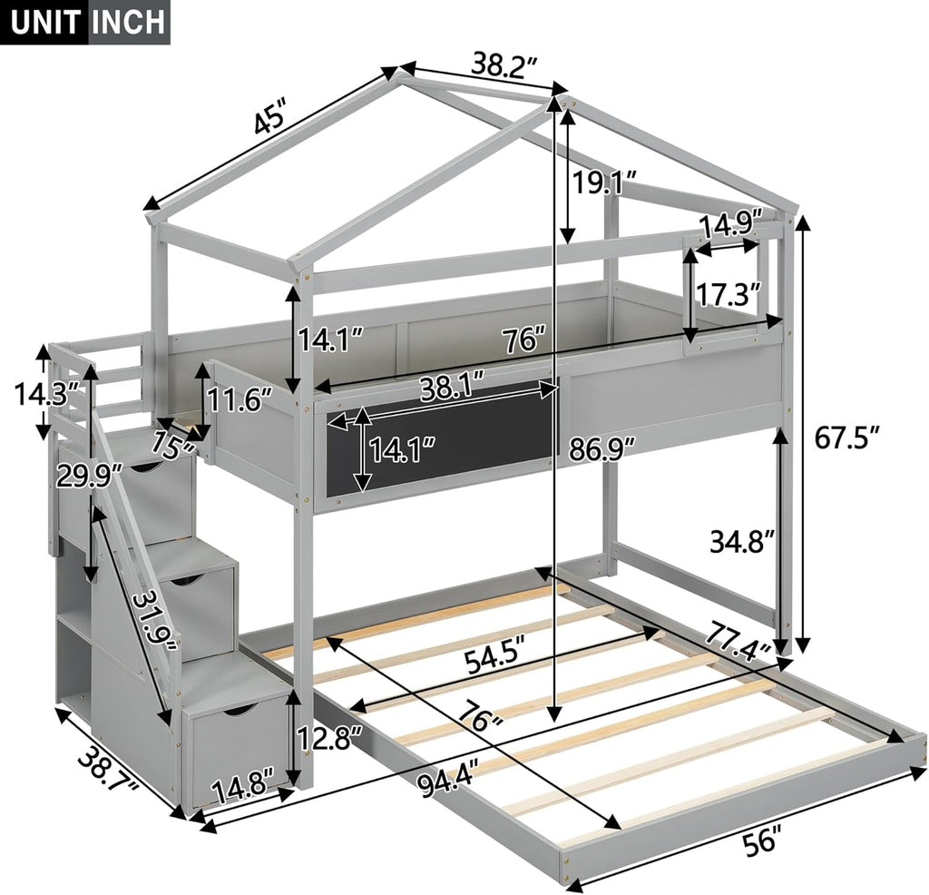 Twin Over Full Bunk Bed with Storage Stairs and Blackboard W837