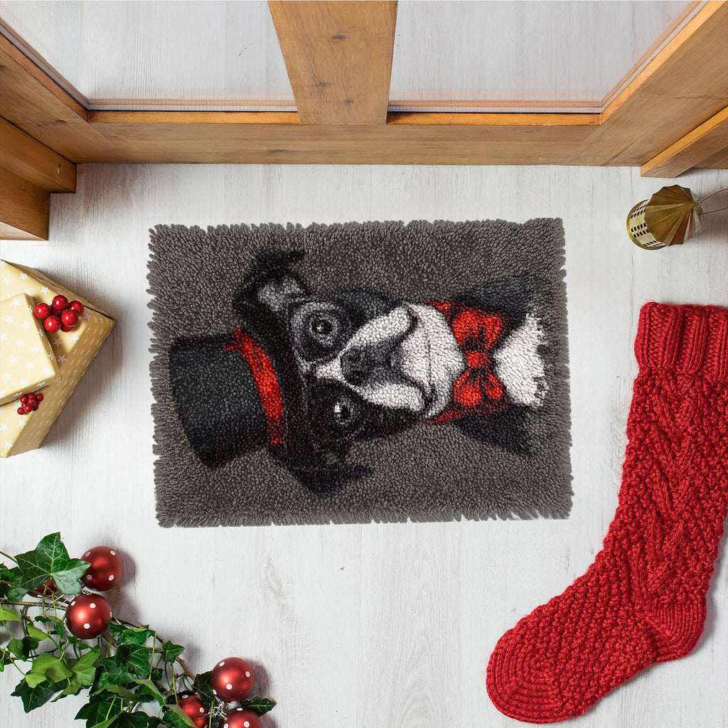 Latch Hook Rug Kit Boston Terrier Dog with Glasses and Hat Pre-printed DIY Carpet Craft 52x38cm F270970