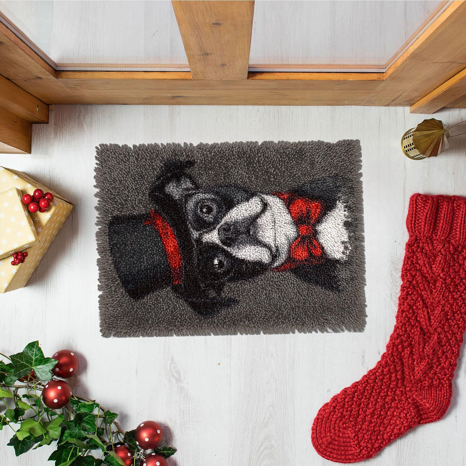 Latch Hook Rug Kit Boston Terrier Dog with Glasses and Hat Pre-printed DIY Carpet Craft 52x38cm F270970
