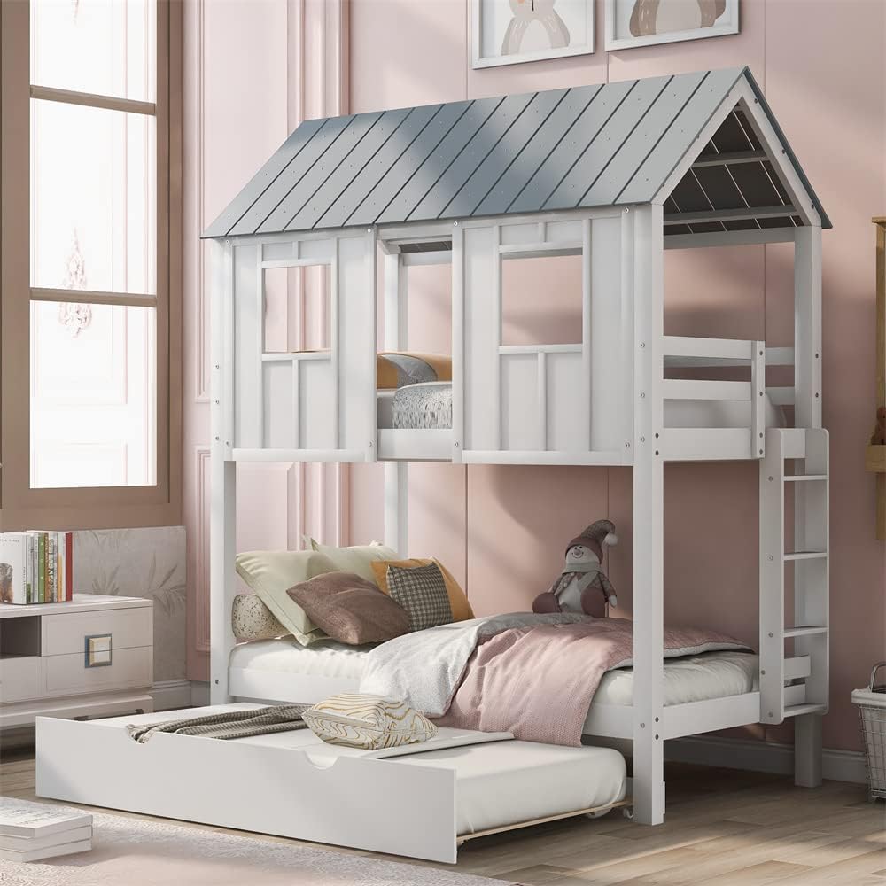 Wood House Bunk Bed with Trundle, Twin Over Twin with Guardrails and Ladder, White S560