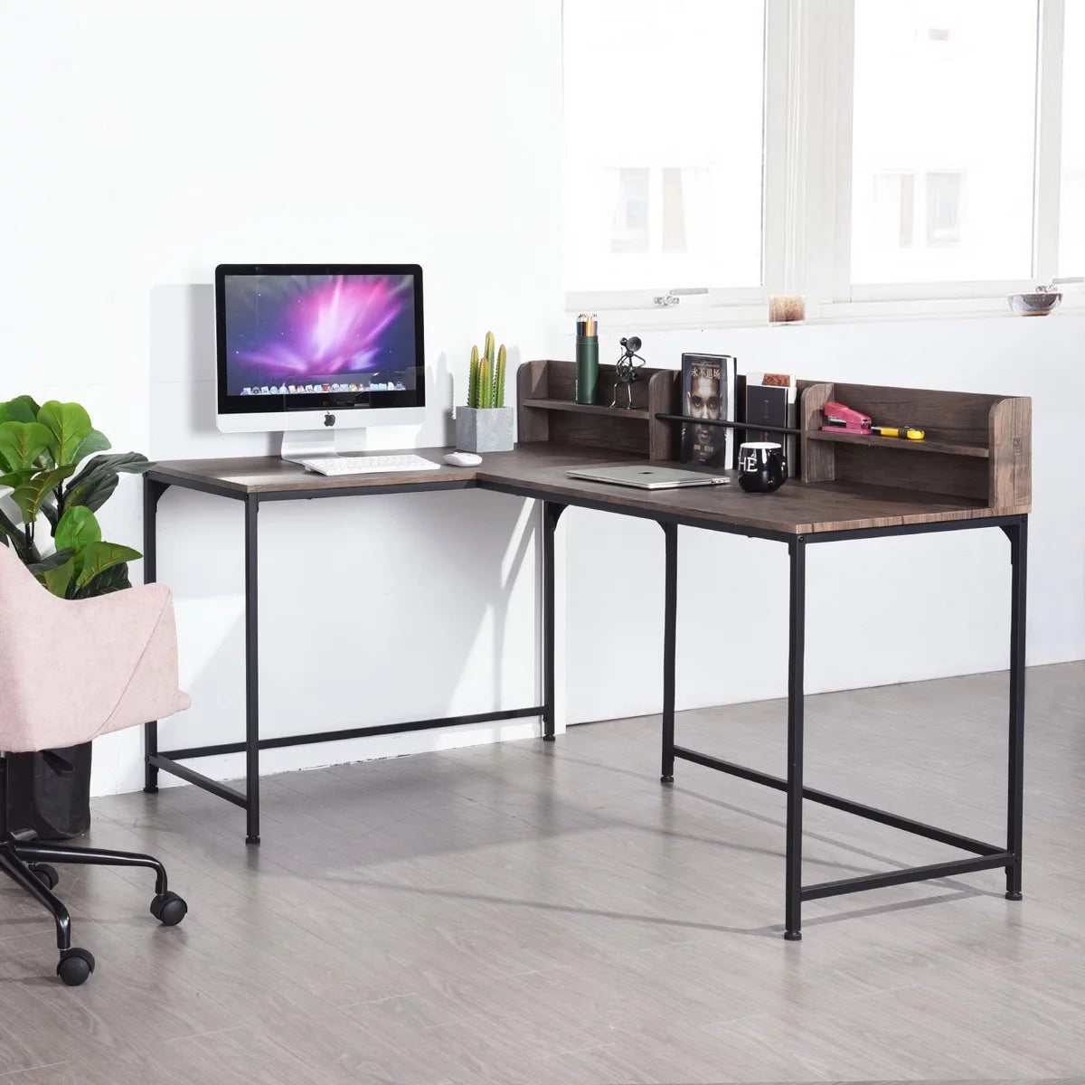 L-Shaped Desk 65" x 43" with Storage, Corner Computer Desk for Work and Study O36656