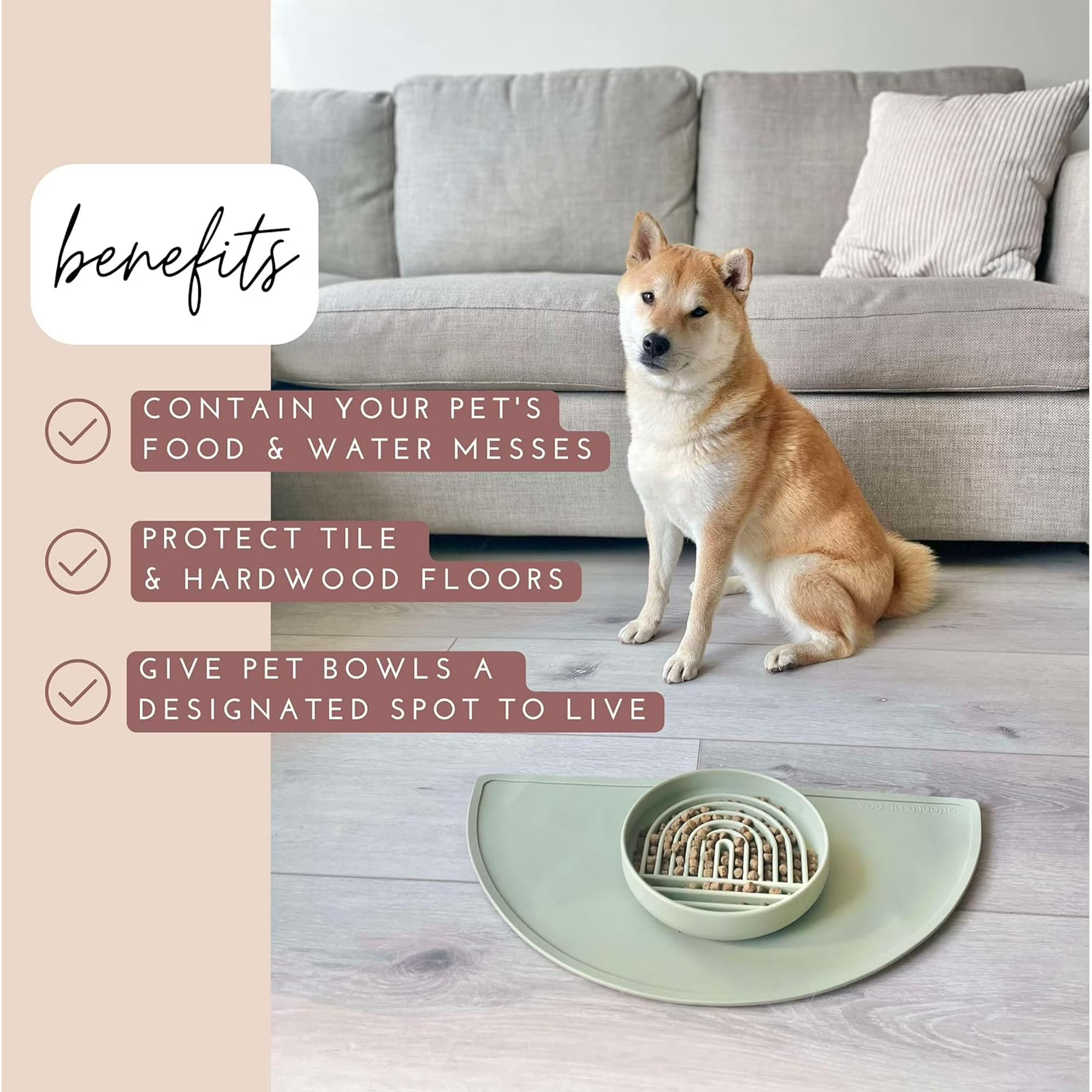 Waterproof Silicone Pet Feeding Mat - Non-Slip, Spill-Proof, Easy-to-Clean, Raised Edge Design, 21" x 10.5", Medium-Sage Green
